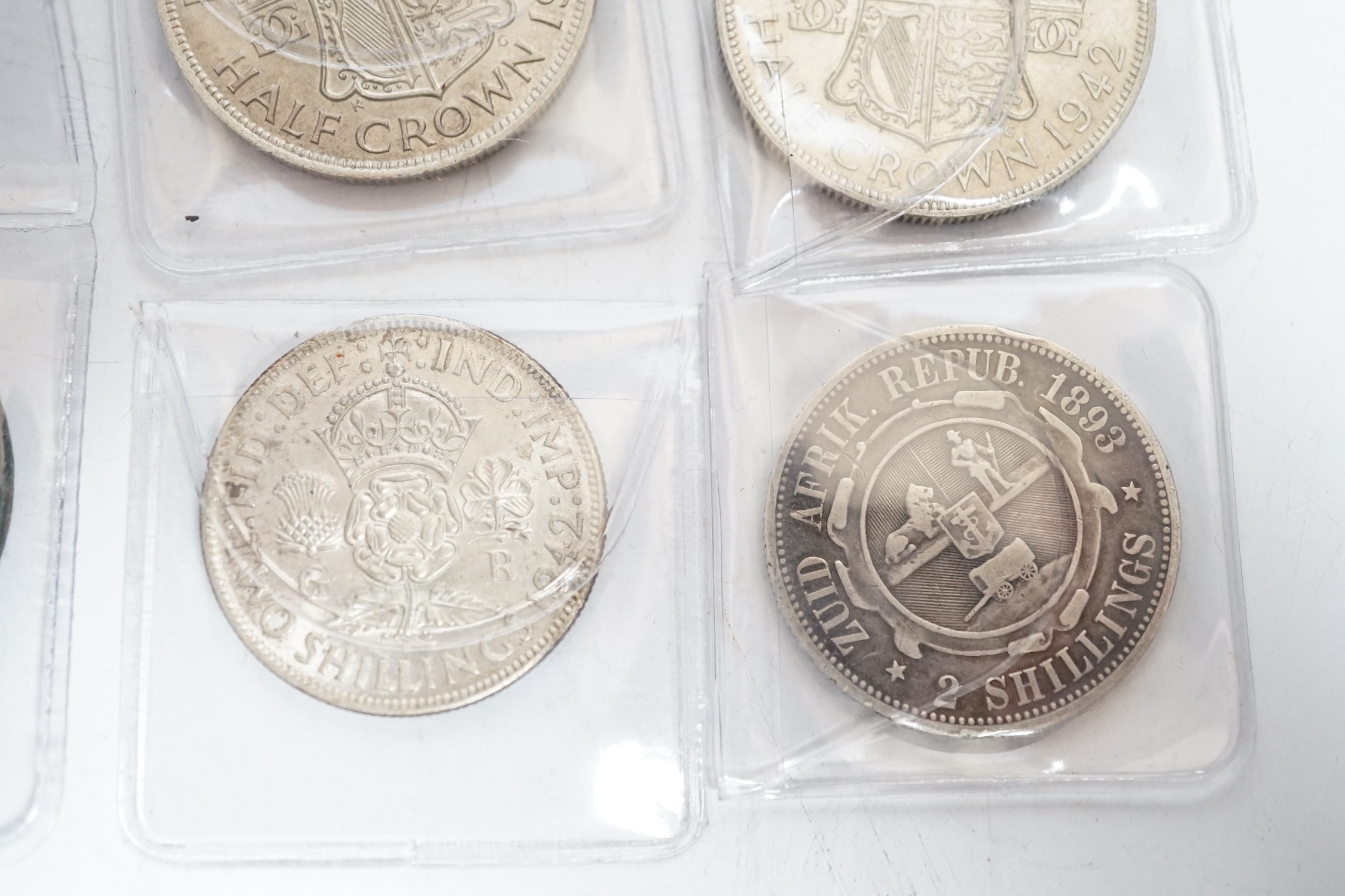 UK coins, 1938 and 1942 half crowns, 1736 farthing, 1806 penny, 1942 and a ZuidAfrica 2 shillings